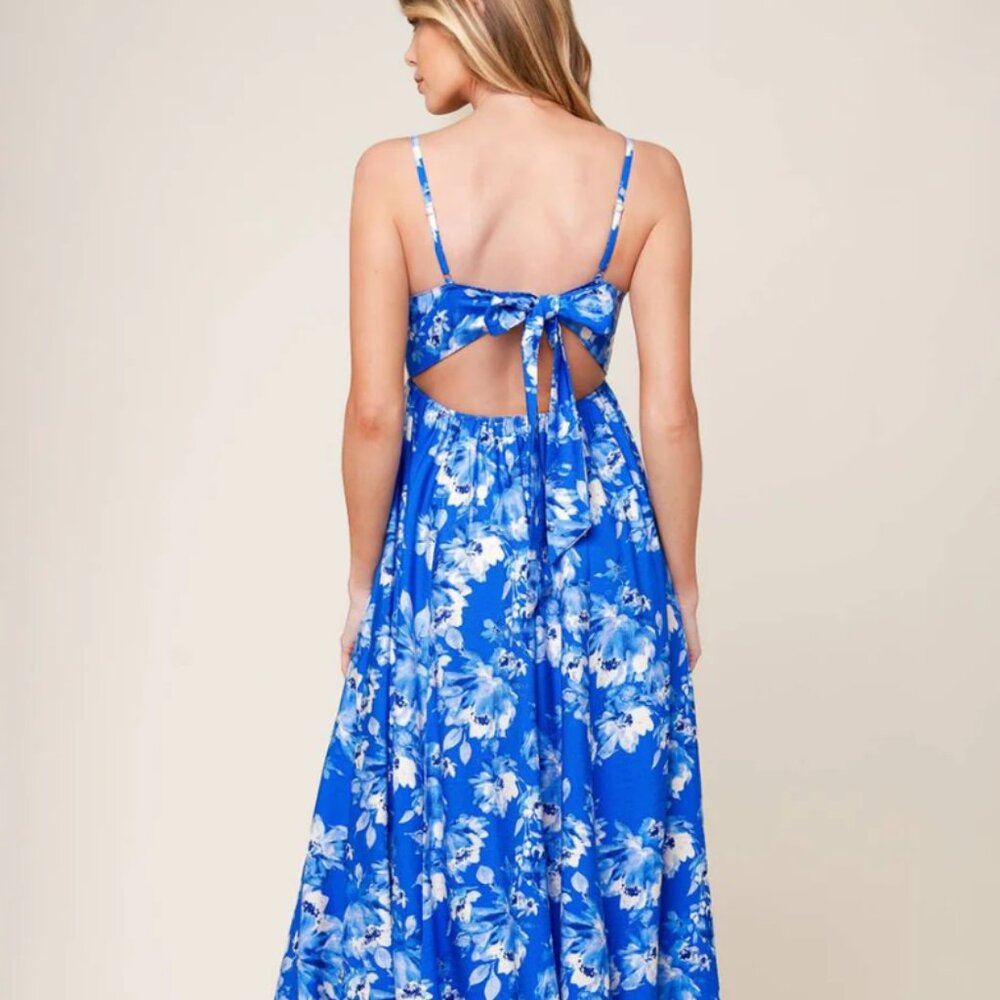 Flying Tomato Maxi Dress Small Blue Floral Backless Tie Back Boho Cottagecore‎ - Picture 2 of 11